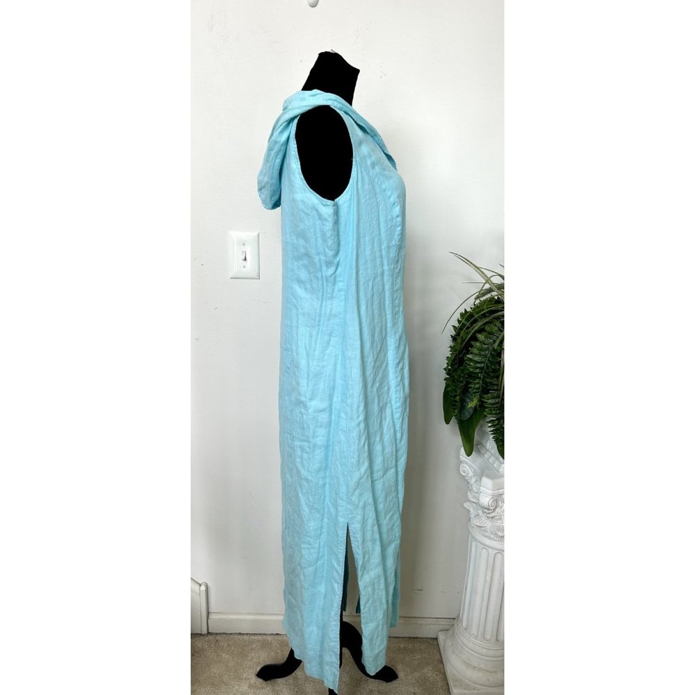 Valerie Stevens Sleeveless Turquoise Pure Linen Button-Down Hoodie Dress Size 10